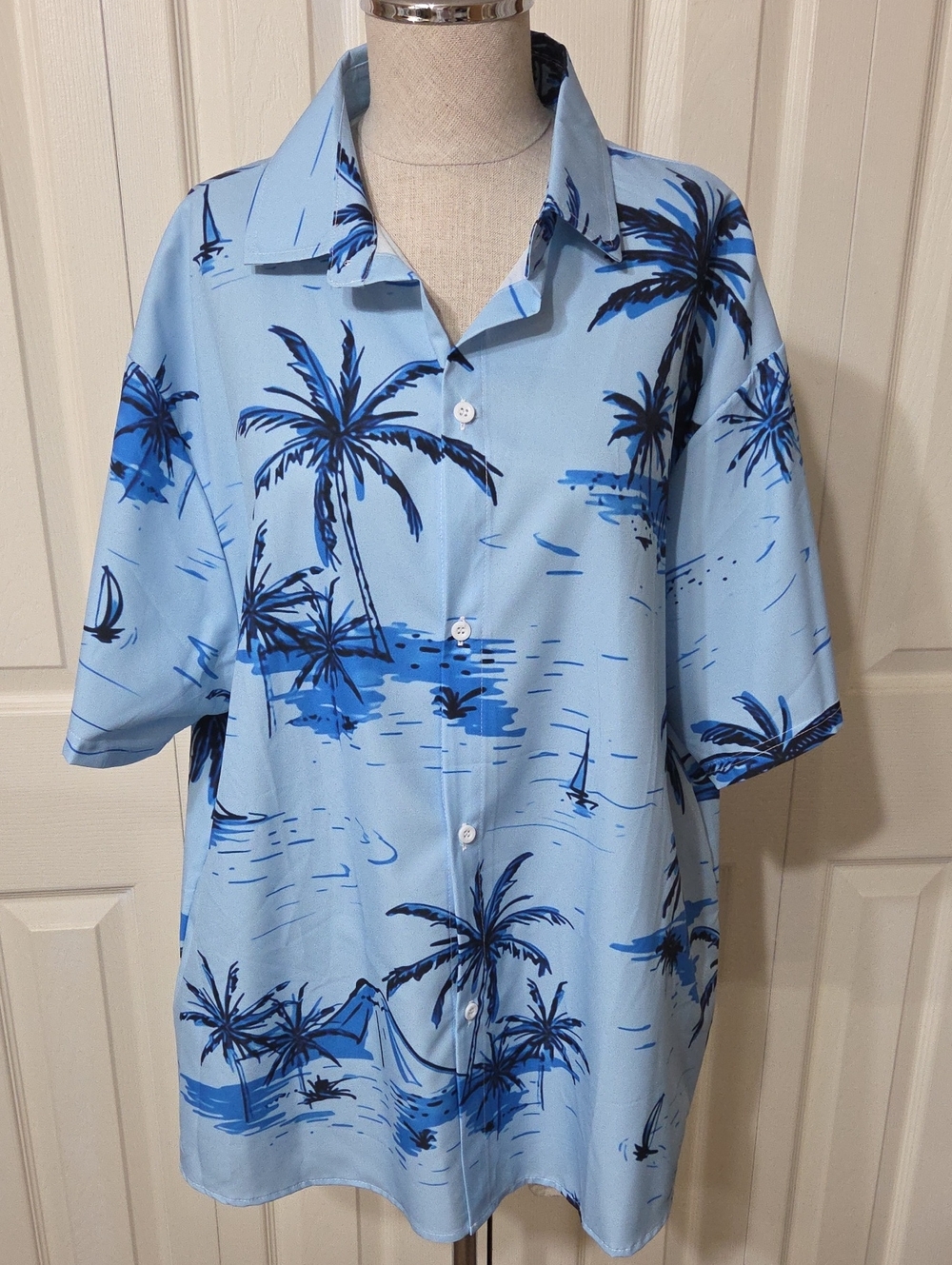 Light Blue Mens Palm-Print Button-Down Shirt